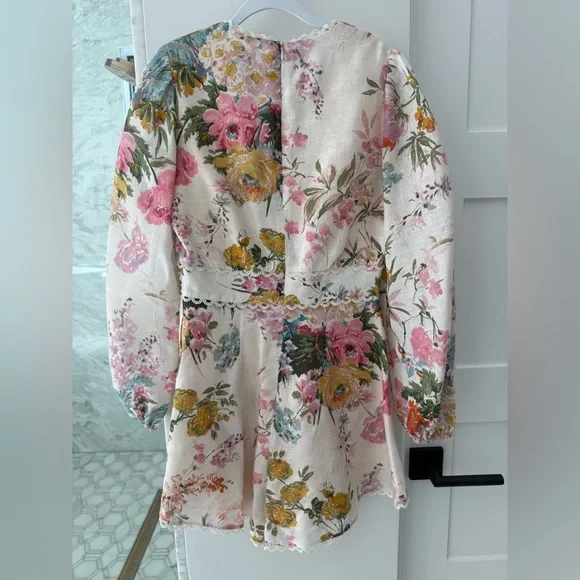 Zimmermann V-Neck Floral Romper with Long Sleeves